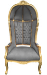 Grand fauteuil carrosse de style baroque tissu velours gris et bois doré - 1