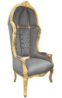 Grand fauteuil carrosse de style baroque tissu velours gris et bois doré