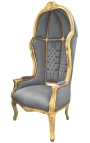 Grand fauteuil carrosse de style baroque tissu velours gris et bois doré