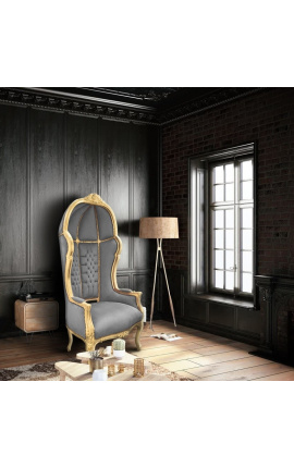 Cadeira grande estilo barroco tecido de veludo cinza e madeira dourada