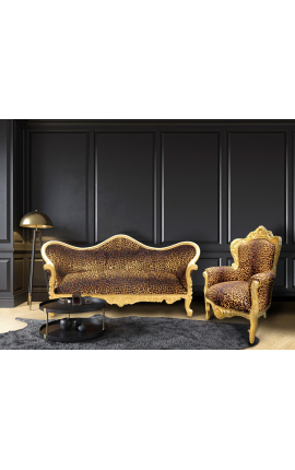 Baroka sofas Napoléon III leoparda drukāta auduma un zelta koka