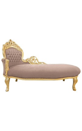 Gran llit barroc de teixit de vellut taupe i fusta daurada - 1