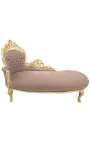 Grote barok chaise longue taupe fluwelen stof en goud hout
