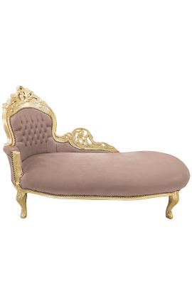 Grande sofá-cama barroco em tecido de veludo taupe e madeira dourada