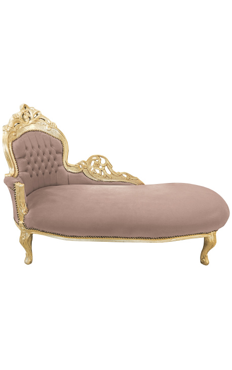 Grote barok chaise longue taupe fluwelen stof en goud hout