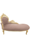 Grande divano letto barocco in tessuto di velluto color tortora e legno dorato
