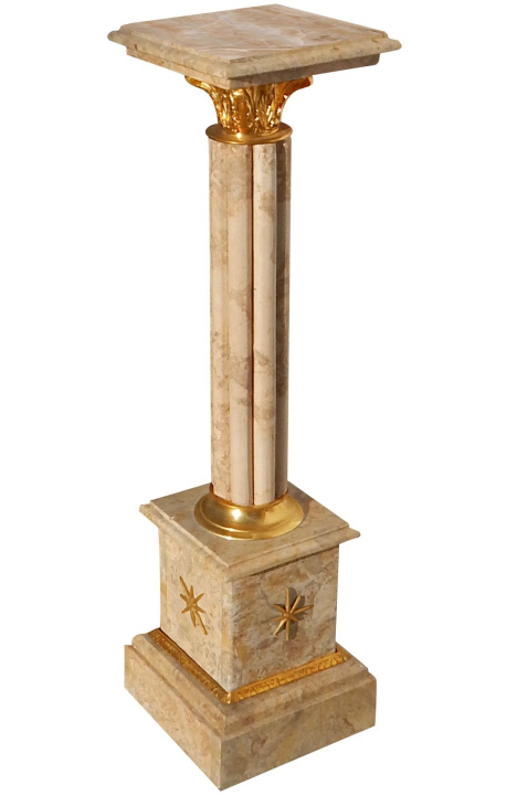 Colonna corinzia in marmo beige con bronzo dorato in stile Impero