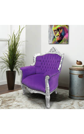 Fauteuil &quot;princier&quot; de style Baroque velours mauve et bois argent