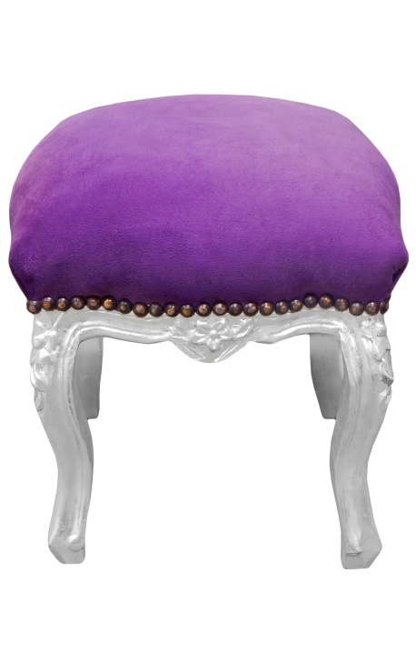 Baroque footrest Louis XV purple velvet and silver wood
