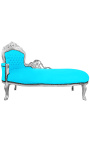 Grote barok chaise longue turkoois blauwe velours stof en zilver hout