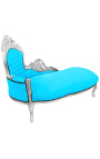 Grande chaise longue barocca in tessuto di velluto blu turchese e legno argentato