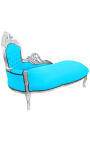 Grote barok chaise longue turkoois blauwe velours stof en zilver hout