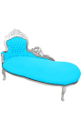 Large baroque chaise longue turquoise blue velvet fabric and silver wood