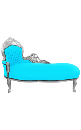 Grande chaise longue barocca in tessuto di velluto blu turchese e legno argentato