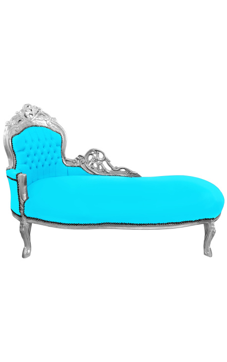 Grote barok chaise longue turkoois blauwe velours stof en zilver hout