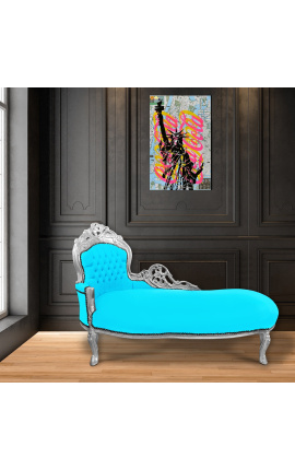 Chaise longue barroca gran de teixit de vellut blau turquesa i fusta platejada
