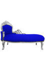 Grote barok chaise longue donkerblauwe velours stof en zilver hout