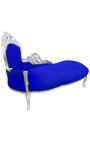 Grote barok chaise longue donkerblauwe velours stof en zilver hout