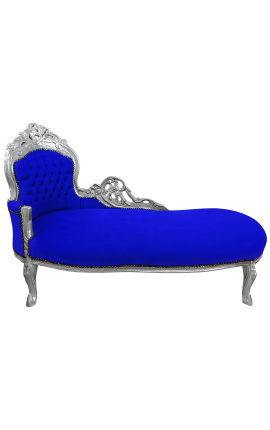 Grande chaise longue barroca em tecido de veludo azul e madeira prateada