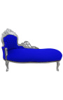 Grote barok chaise longue donkerblauwe velours stof en zilver hout