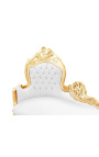 Chaise longue grande tela barroca simili cuero blanco y madera dorada - 14