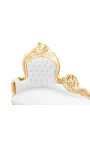 Grande chaise longue barocca in similpelle bianca e legno oro