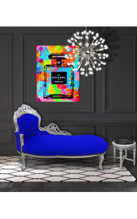 Grande chaise longue barroca em tecido de veludo azul e madeira prateada