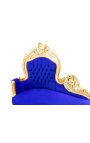 Didelis barokinis šezlongas, mėlynas aksominis audinys ir aukso mediena