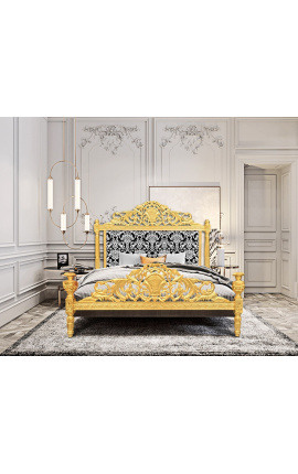 Barockbett mit weißem Stoff mit Blumenmuster und Blattgoldholz