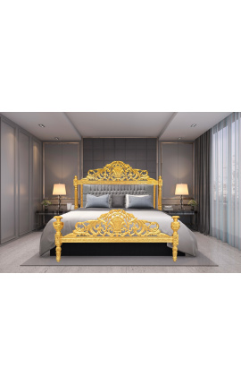 Baročna postelja sivo žametno blago in zlat les
