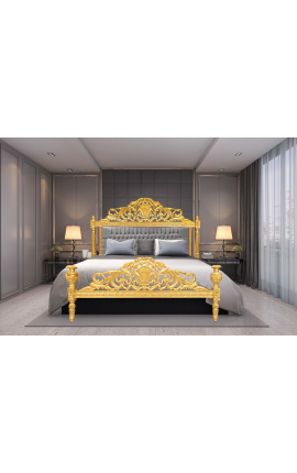 Cama barroca tela de terciopelo gris y madera de oro