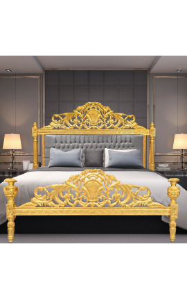 Barok bed grijze fluwelen stof en goud hout