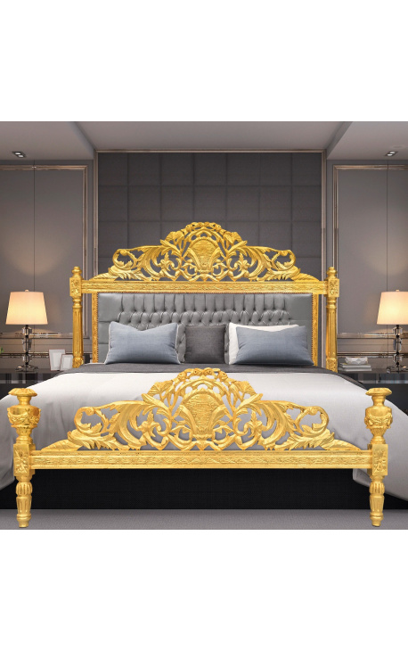 Cama barroca tela de terciopelo gris y madera de oro