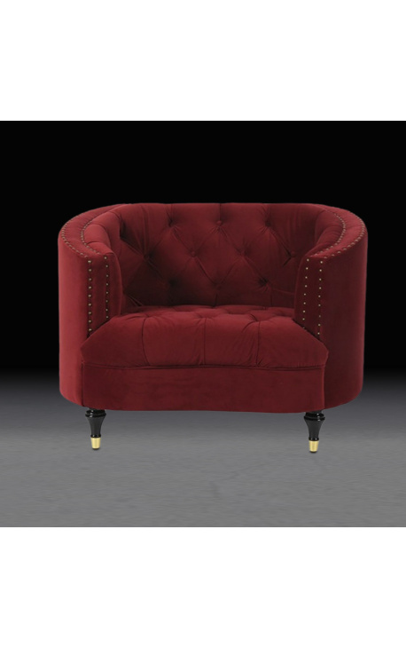 Large armchair "Ceos" with Art Deco design corbeille in burgundy velvet