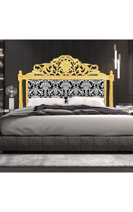 Baroka stila gultas galvgalis ar baltu ziedu raksta audumu un zelta koku