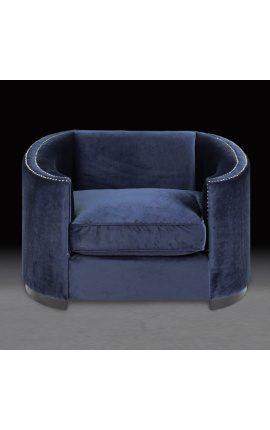 Large "Anteos" armchair with Art Deco design basket in blue velvet