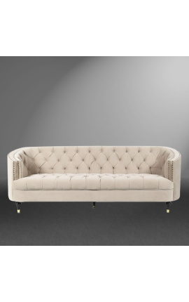3-seater "Ceos" sofa with Art Deco design basket in beige velvet