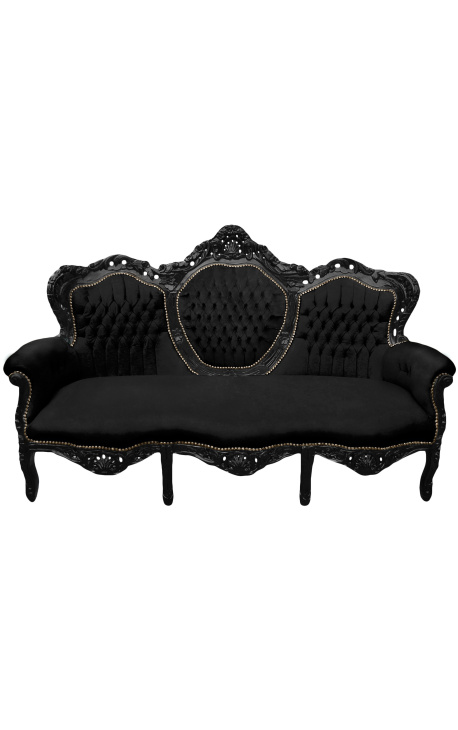 Sofa w stylu barokowym tkanina czarny aksamit i drewno lakierowane na czarno