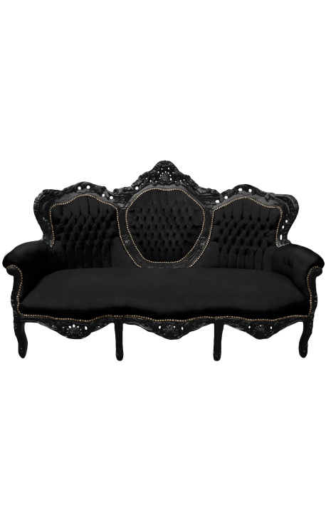 Sofa w stylu barokowym czarna aksamitna tkanina i czarne lakierowane drewno - 1