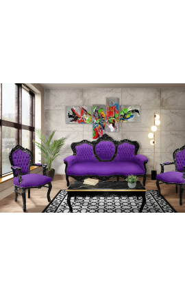 Barokna sofa tkanina ljubičasti baršun i crno lakirano drvo