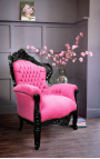 Didelis baroko stiliaus fotelis rožinio aksomo ir juodai lakuoto medžio