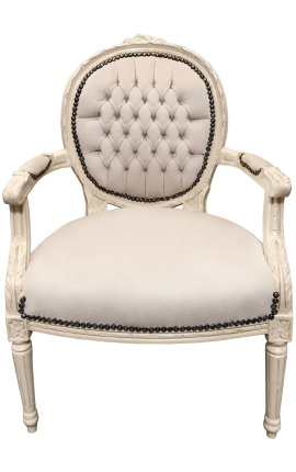 Fåtölj Louis XVI-stil beige sammet och beigelackerat trä