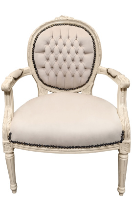 Sessel im Louis XVI-Stil, beiger Samt und beige lackiertes Holz