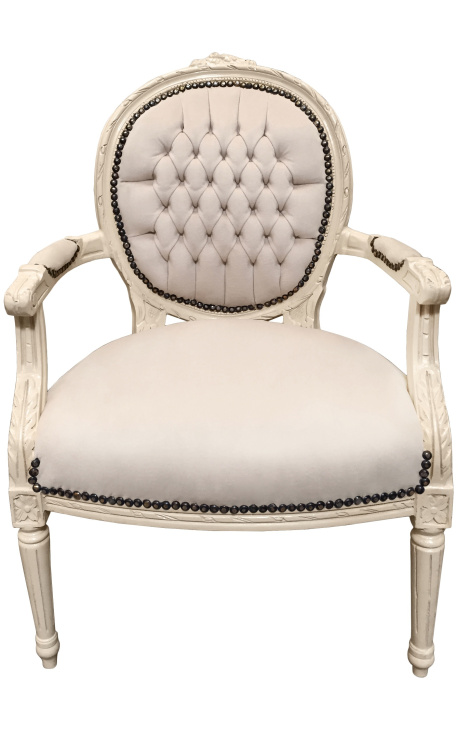 Armchair Louis XVI style beige velvet and beige lacquered wood