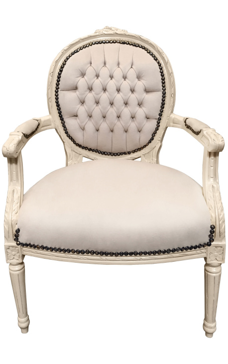 Fauteuil Lodewijk XVI-stijl beige fluweel en beige gelakt hout