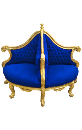 Fotelja Borne Barok plava baršunasta tkanina i pozlaćeno drvo