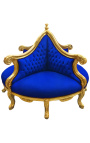 Fauteuil borne baroque tissu velours bleu et bois doré