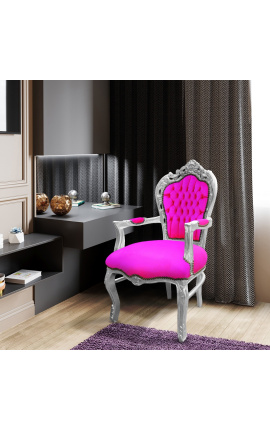 Armchair Baroque Rococo style rose fuchsia velvet and silvered wood