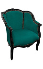 Big bergère armchair Louis XV style green velvet and black wood