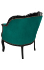 Big bergère armchair Louis XV style green velvet and black wood